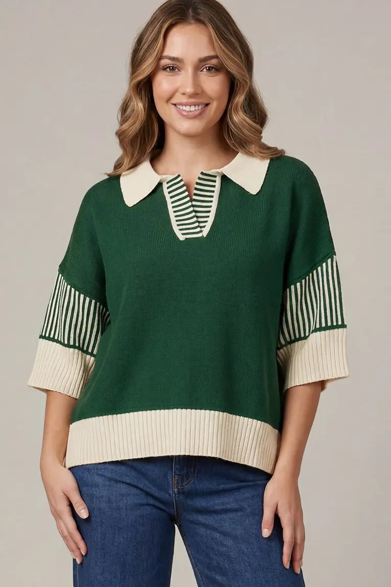 Blocked Striped Half Sleeve Sweater in Green