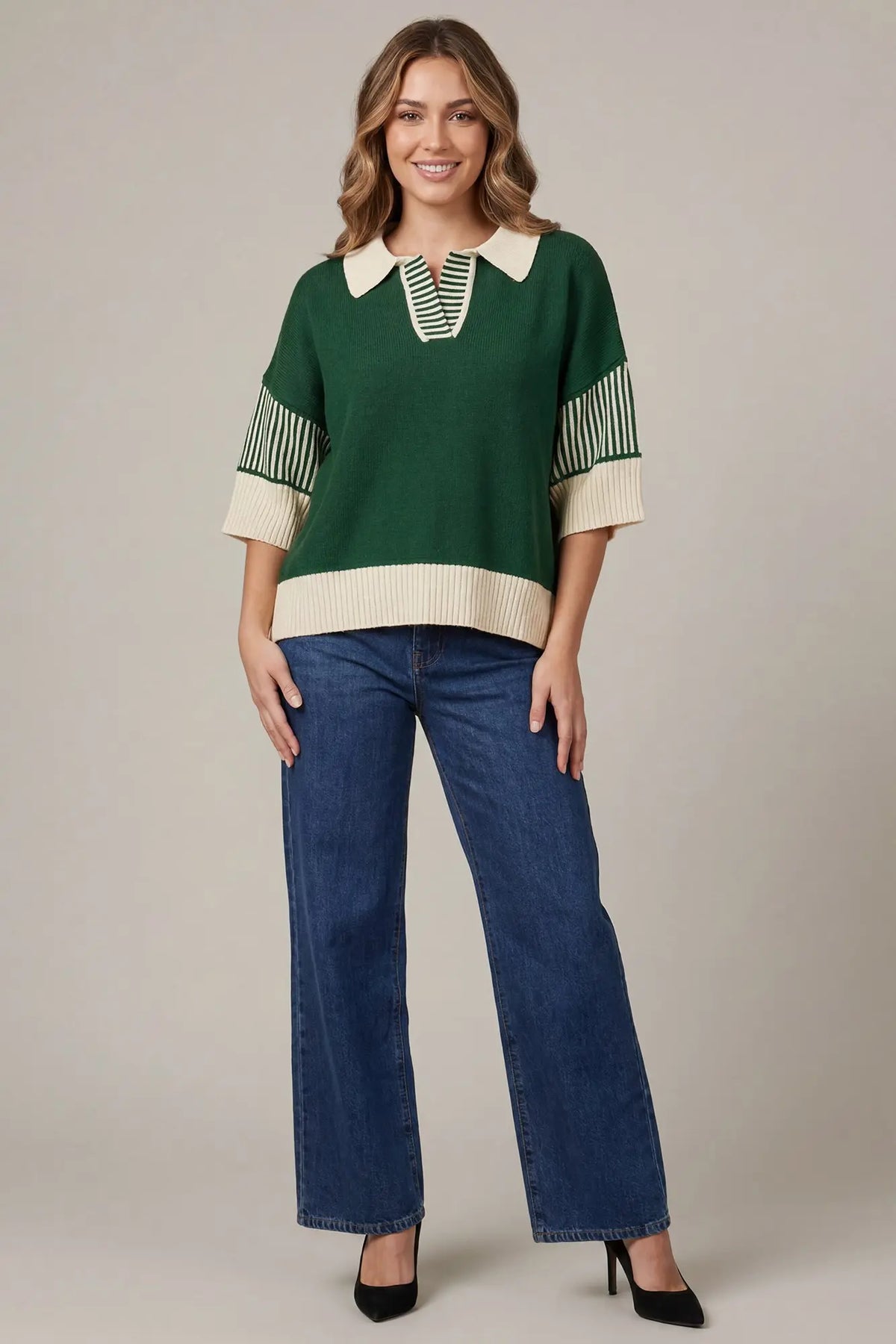 Blocked Striped Half Sleeve Sweater in Green