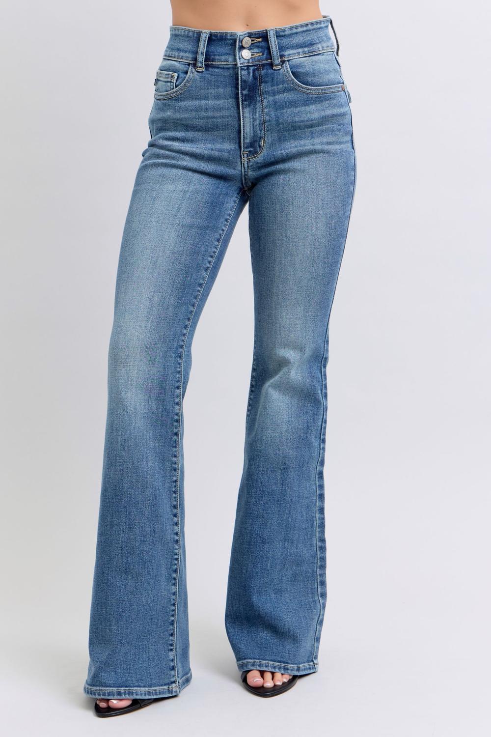 Judy Blue Double Button High Waist Back Tab Pocket Flare Jeans