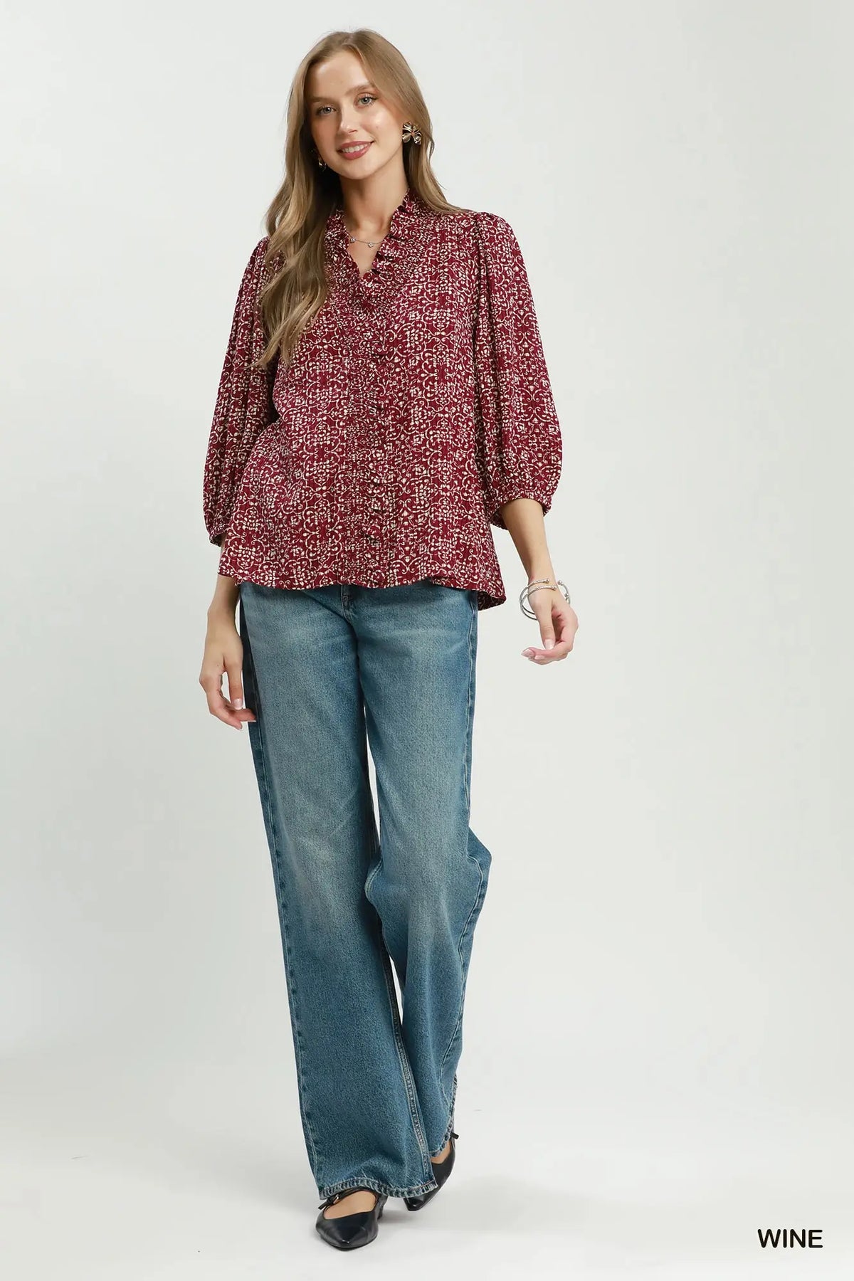 Umgee Floral Print Ruffle Detail Button Down