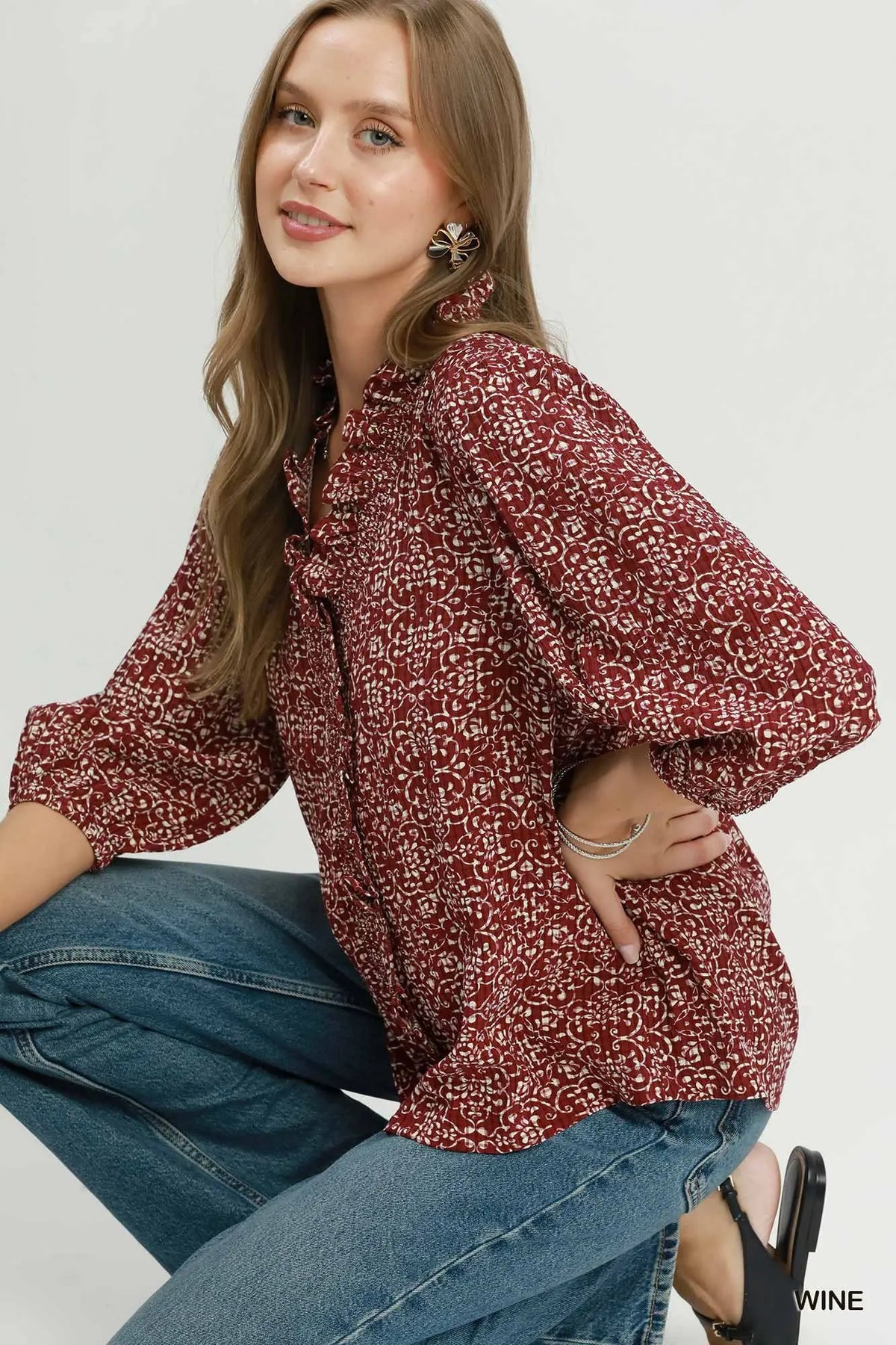 Umgee Floral Print Ruffle Detail Button Down