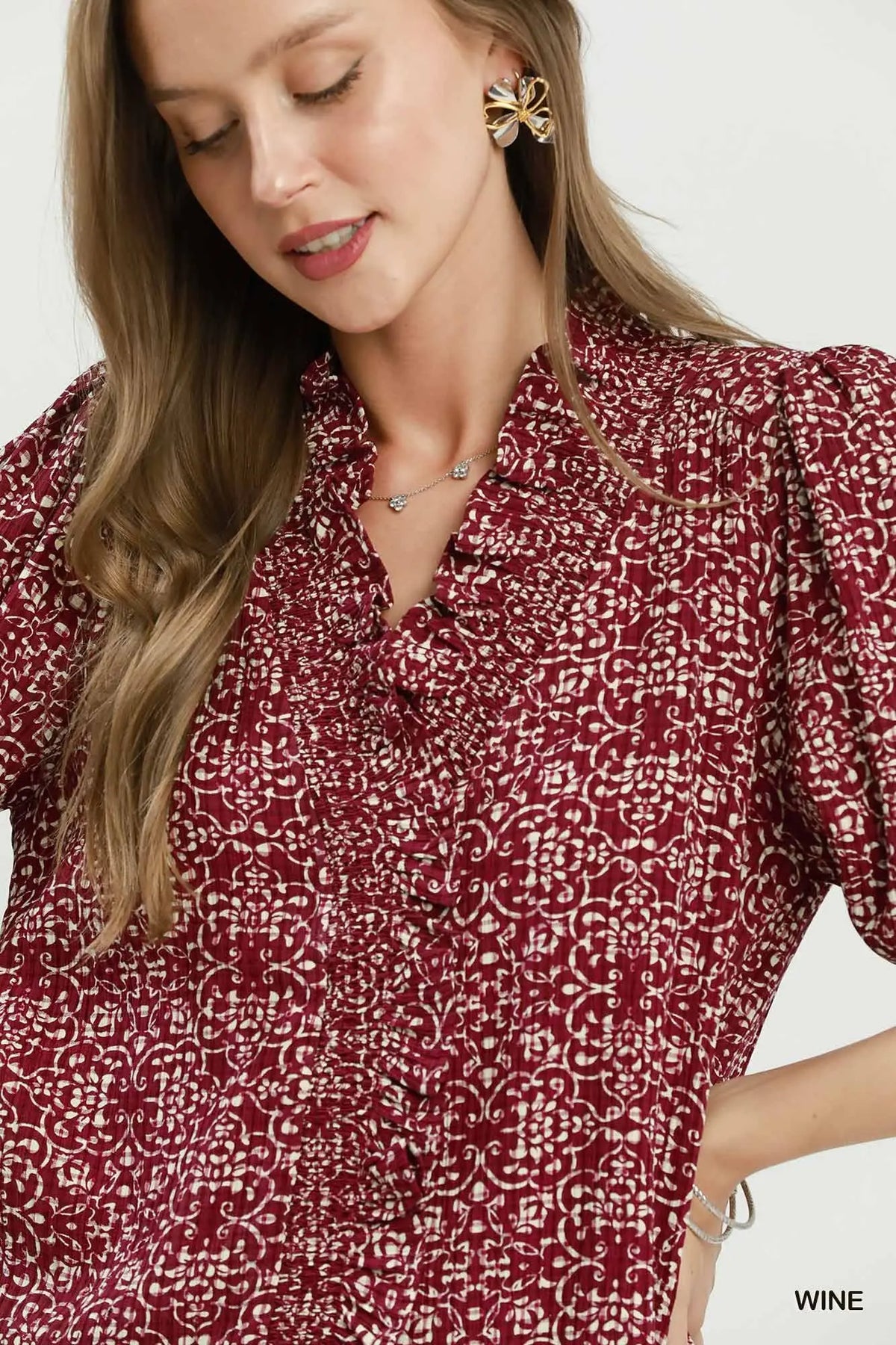 Umgee Floral Print Ruffle Detail Button Down