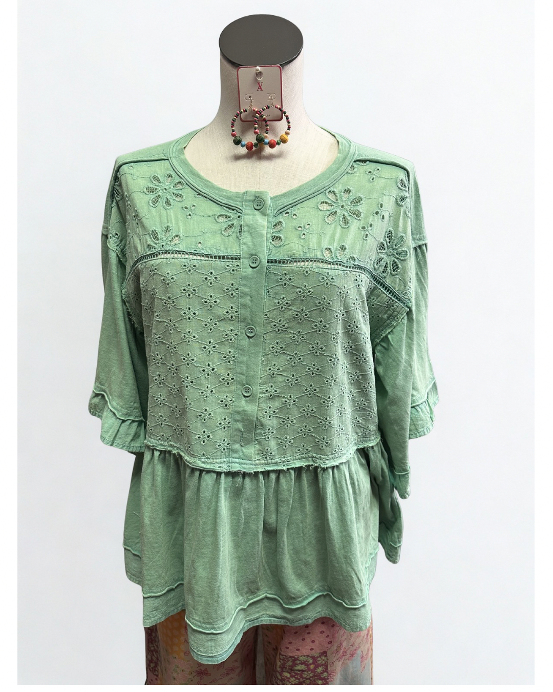 Wing Sleeve Eyelet Mix Top