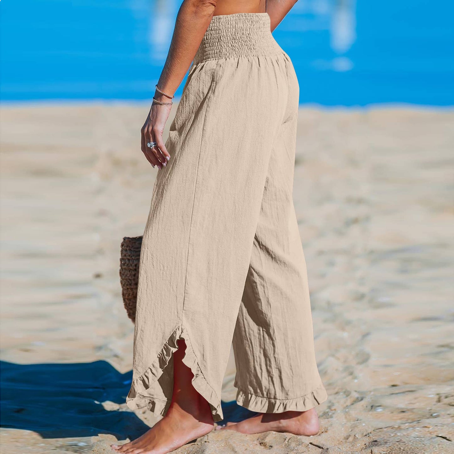 SMOCKED ELASTIC WAIST RUFFLED WIDE LEG PANTS
