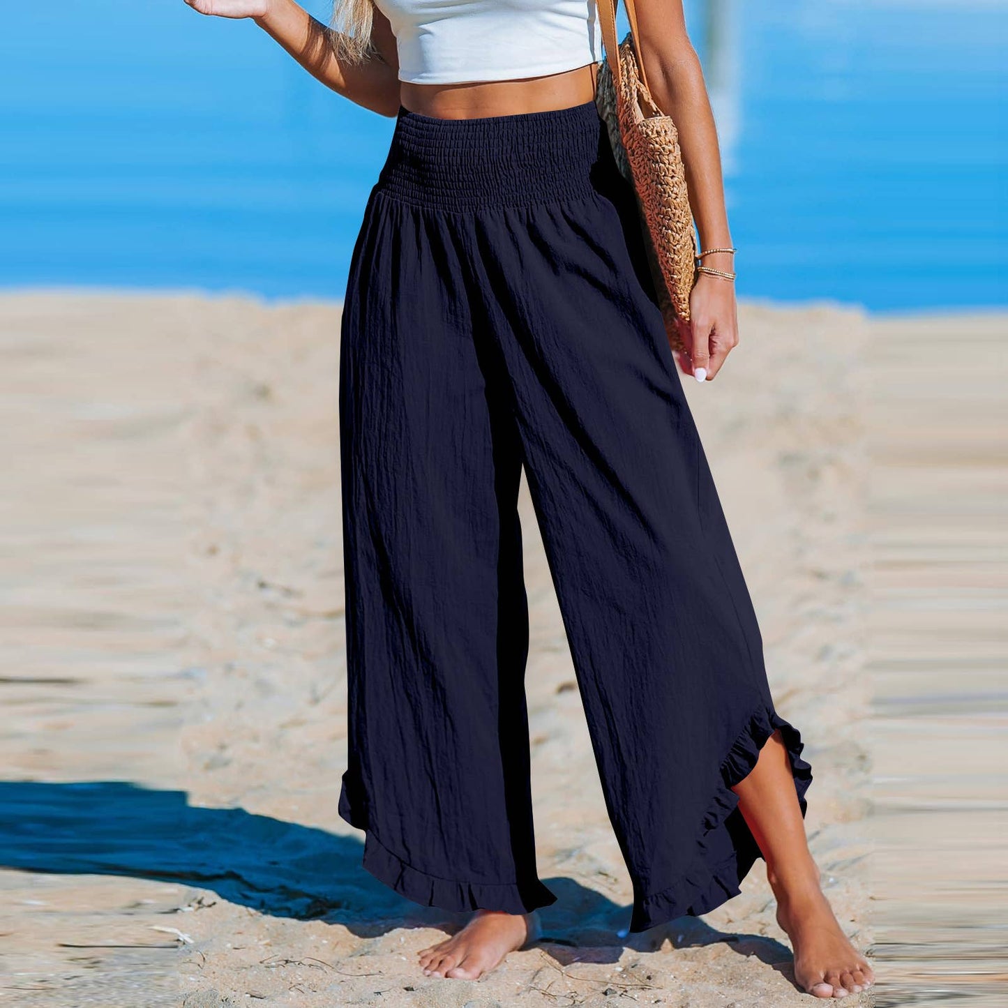SMOCKED ELASTIC WAIST RUFFLED WIDE LEG PANTS